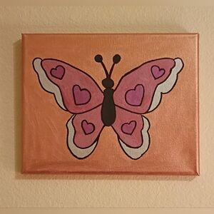 Cute Dark Pink Heart Butterfly Canvas Wall Art Hand Painted Signed 8x10